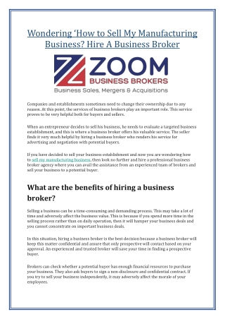 Wondering How to Sell My Manufacturing Business -Hire A Business Broker