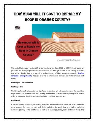 How Much Will It Cost To Repair My Roof In Orange County