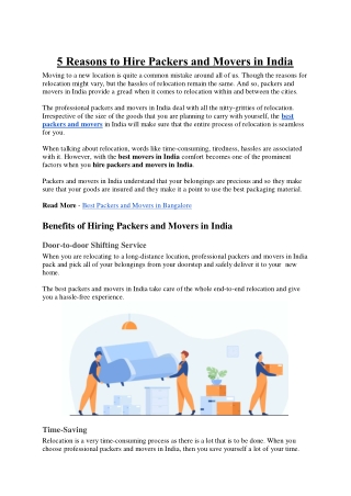 5 Reasons to Hire Packers and Movers in India