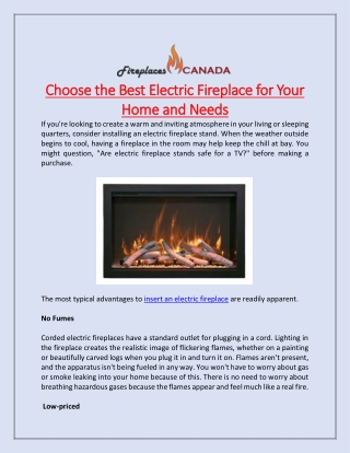 Choose the Best Electric Fireplace for Your Home and Needs