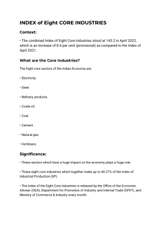INDEX of Eight CORE INDUSTRIES