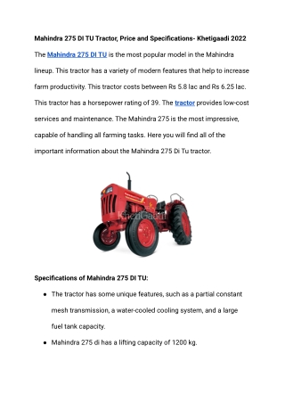 Mahindra 275 DI TU Tractor, Price and Specifications- Khetigaadi 2022