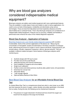 Best In Class Arterial Blood Gas Analyzer Manufacturer In India | Extremely Low