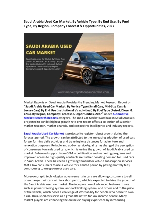 Saudi Arabia Used Car Market Research Report 2021-2027