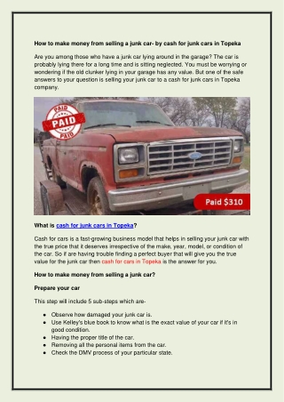 How to make money from selling a junk car- by cash for junk cars in Topeka