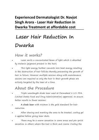 Experienced Dermatologist Dr. Navjot Singh Arora - Laser Hair Reduction in Dwarka Treatment at affordable cost