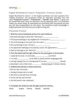 English Worksheet for Class 4 - Preposition , Pronoun, Gender