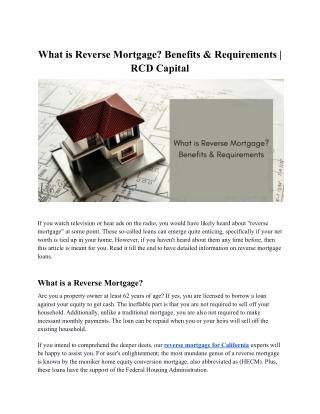 What is Reverse Mortgage? Benefits & Requirement | RCD Capital