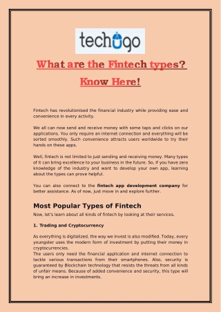 What are the Fintech types? Know Here