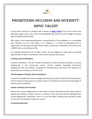Prioritizing Inclusion and Diversity- Bipoc Talent