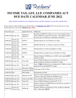 Income Tax, GST, LLP, Companies Act Due Date Calendar June 2022