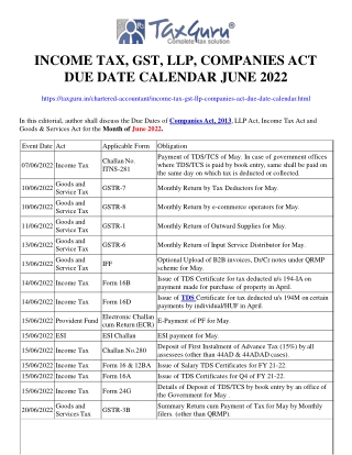Income Tax, GST, LLP, Companies Act Due Date Calendar June 2022