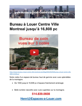 Bureau à Louer Centre Ville Montreal jusqu’à 16,808 pc