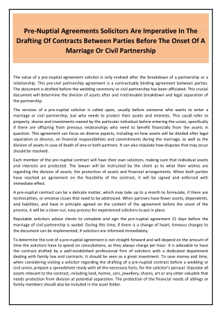 Pre-Nuptial Agreements Solicitors Are Imperative In The Drafting Of Contracts Between Parties Before The Onset Of A Marr