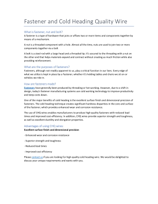 Fastener and Cold Heading Quality Wire