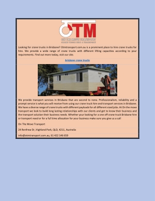 Brisbane Crane Trucks | Otmtransport.com.au