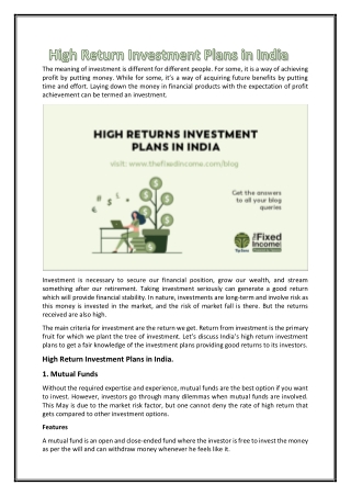 High Return Investment Plans in India