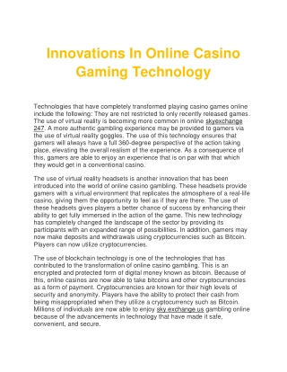 Innovations In Online Casino Gaming Technology