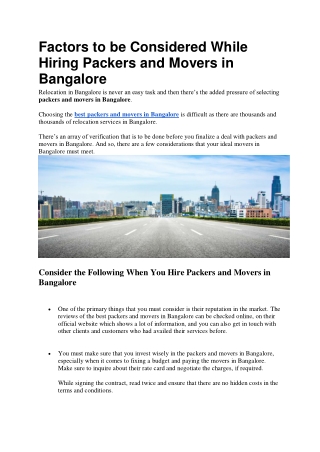 Factors to be Considered While Hiring Packers and Movers in Bangalore