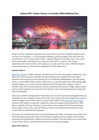 Sydney NYE Unique Venues to Consider While Making Plans