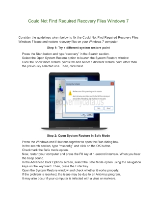 Could Not Find Required Recovery Files Windows 7 | Data Recovery
