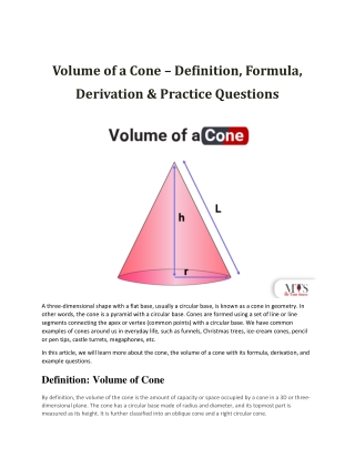 Volume of a Cone – Definition, Formula, Derivation & Practice Questions