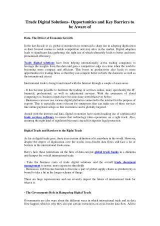 Trade Digital Solutions- Opportunities and Key Barriers to be Aware of