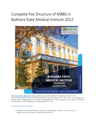 Complete Fee Structure of MBBS in Bukhara State Medical Institute 2022