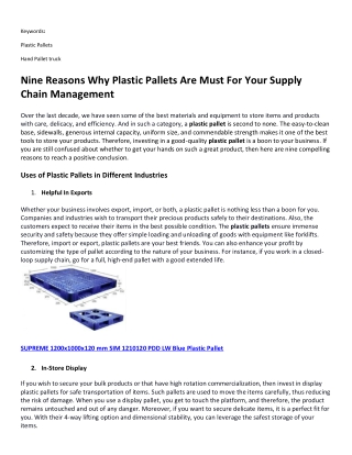 Nine Reasons Why Plastic Pallets Are Must For Your Supply Chain Management