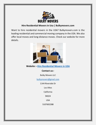 Hire Residential Movers in Usa  Bulkymoverscom