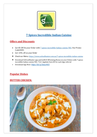 $5 off - 7 spices Incredible Indian Cuisine menu Applecross, WA