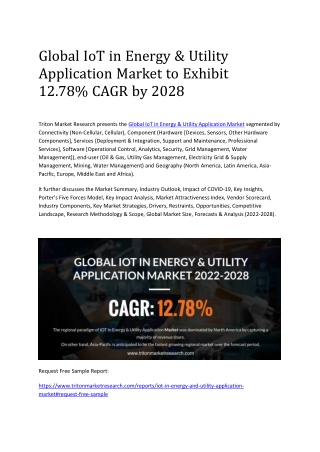 Global IoT in Energy & Utility Application Market to Exhibit 12.78% CAGR by 2028
