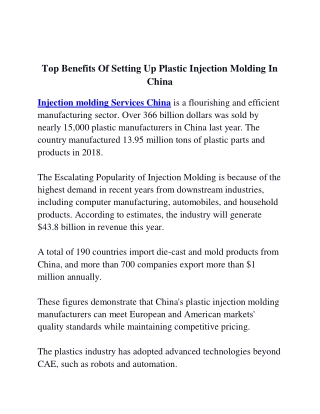 Top Benefits Of Setting Up Plastic Injection Molding In China