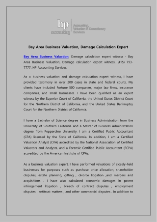 Bay Area Business Valuation, Damage Calculation Expert