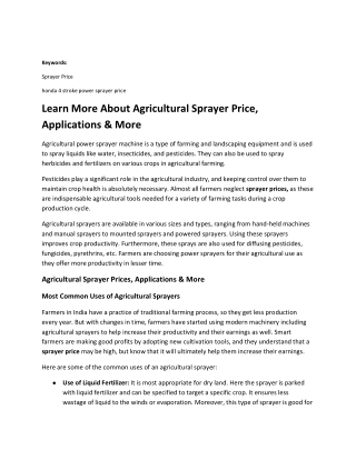 Learn More About Agricultural Sprayer Price, Applications & More