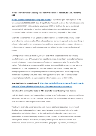 In-Vitro Colorectal Cancer Screening Tests Market to account to reach at USD 1316.7 million by 2027