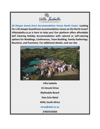 20 Sleeper Beach Front Accommodation Venue North Coast | Villaisabella.co.za