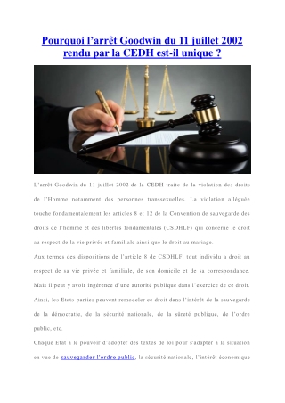 [Résolu] Pourquoi l’arrêt Goodwin du 11 juillet 2002 est-il unique ?