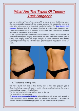 What Are The Types Of Tummy Tuck Surgery