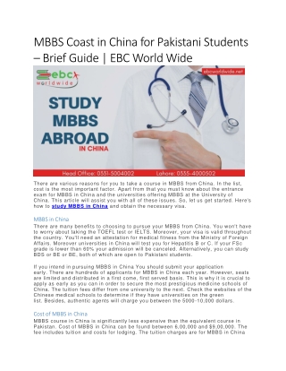 MBBS Coast in China for Pakistani Students – Brief Guide | EBC World Wide