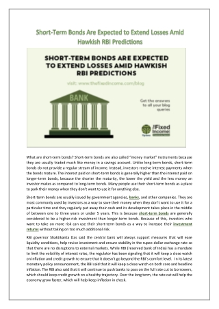 Short-Term Bonds Are Expected to Extend Losses Amid Hawkish RBI Predictions