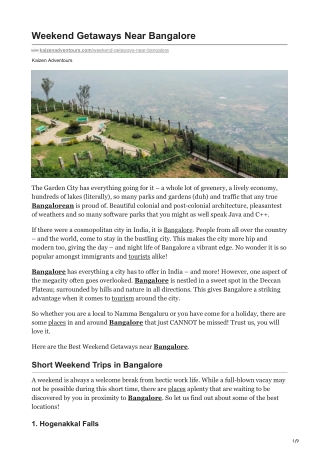 Weekend Getaways Near Bangalore