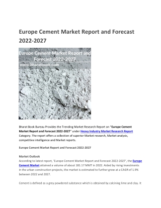 Europe Cement Market Report and Forecast 2022-2027