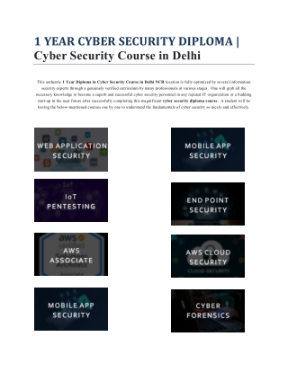 1 YEAR CYBER SECURITY DIPLOMA Cyber Security Course in Delhi