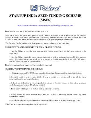 Startup India Seed Funding Scheme (SISFS)