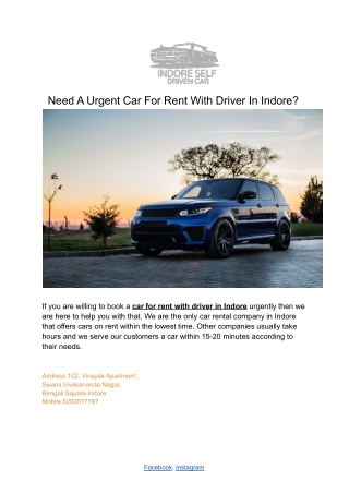 Need A Urgent Car For Rent With Driver In Indore