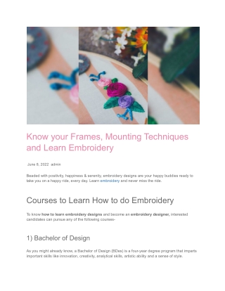 Know your Frames, Mounting Techniques and Learn Embroidery