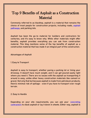 Top 9 Benefits of Asphalt as a Construction Material