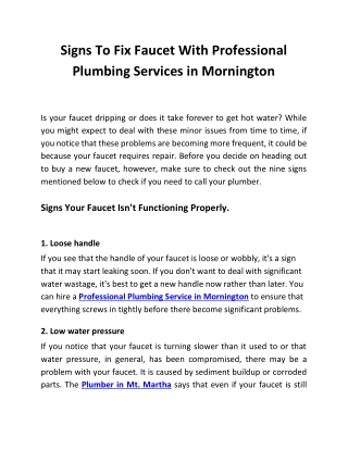 Signs To Fix Faucet With Professional Plumbing Services in Mornington