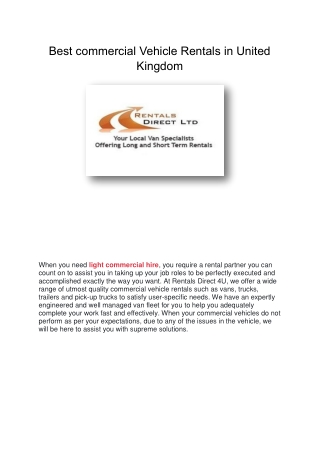 Best commercial Vehicle Rentals in United Kingdom--Rentals Direct